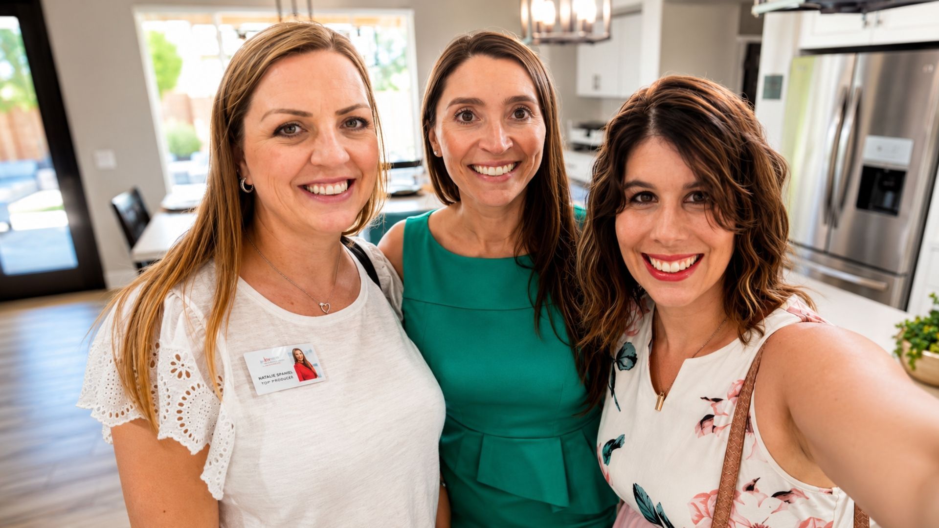 Three smiling women posing for a selfie in a bright kitchen