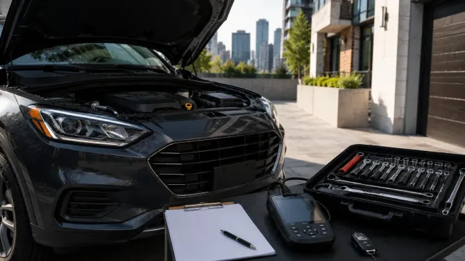 Black car with hood open beside a toolbox and clipboard in a city driveway