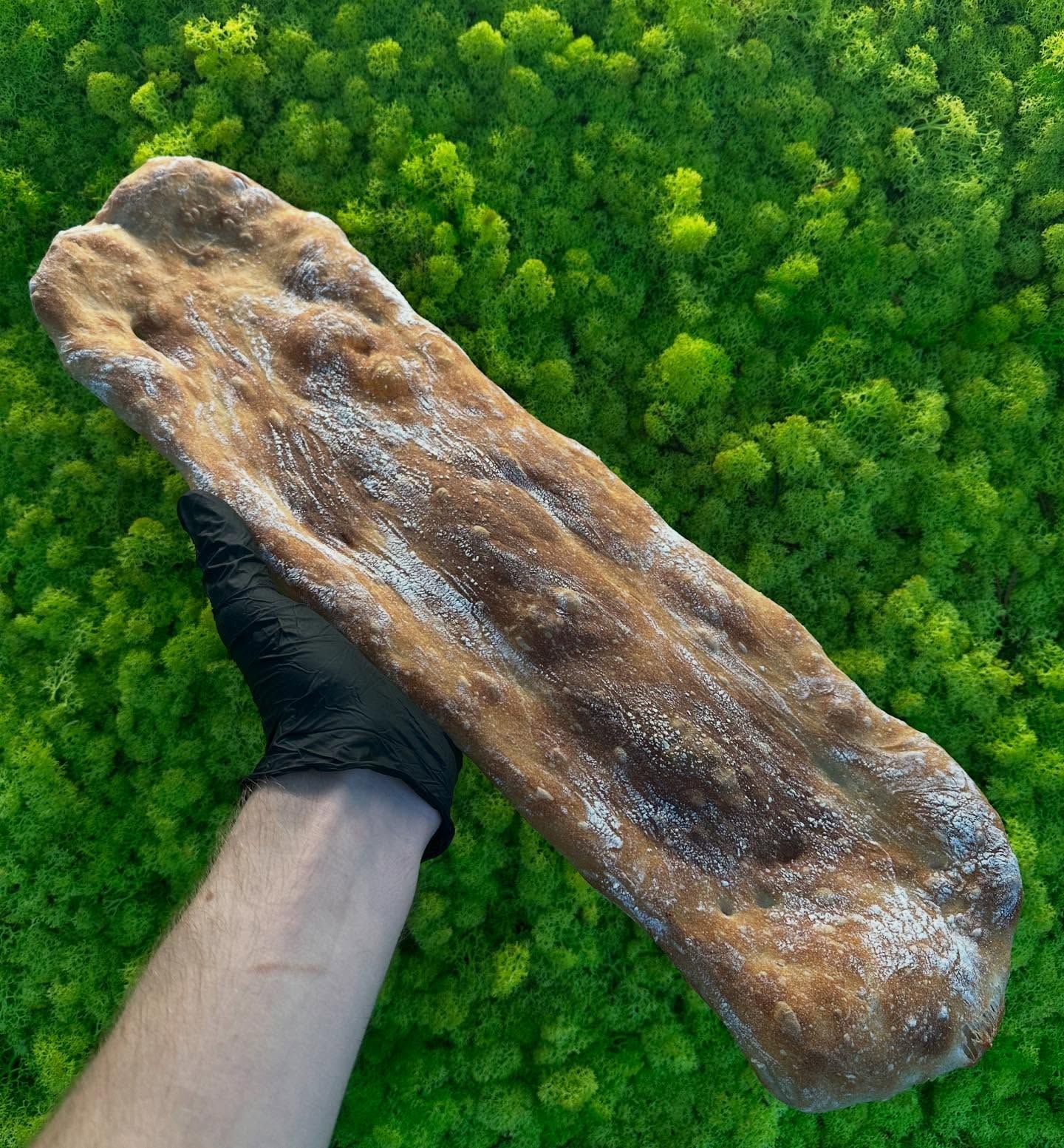 Una persona tiene in mano un lungo pezzo di pane.