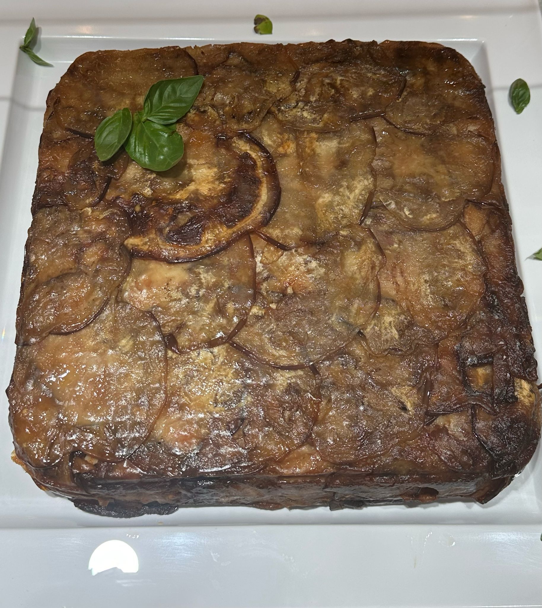 Un grosso pezzo di cibo è su un piatto bianco