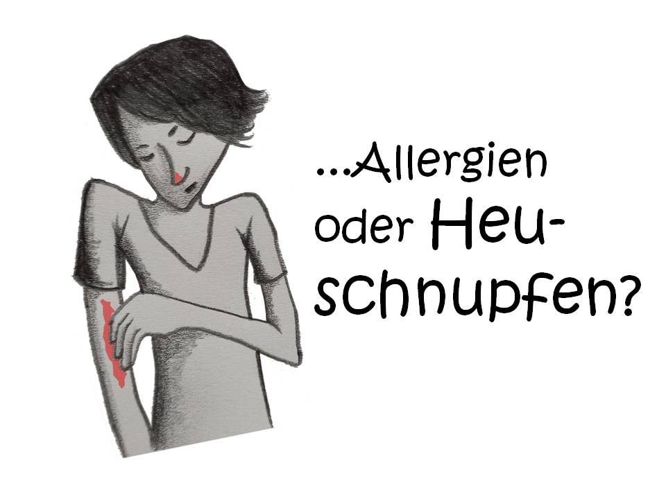 Eine Zeichnung einer Frau, die sich am Ellenbogen kratzt, mit den Worten 