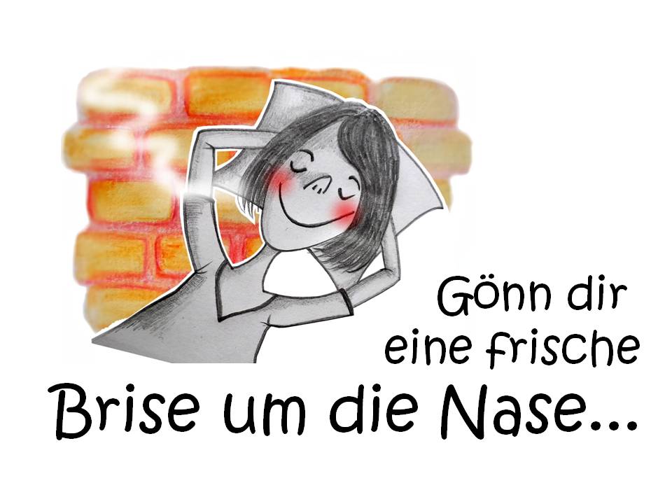 Eine Karikatur einer Frau, die vor einer Backsteinmauer ein Kissen hält.