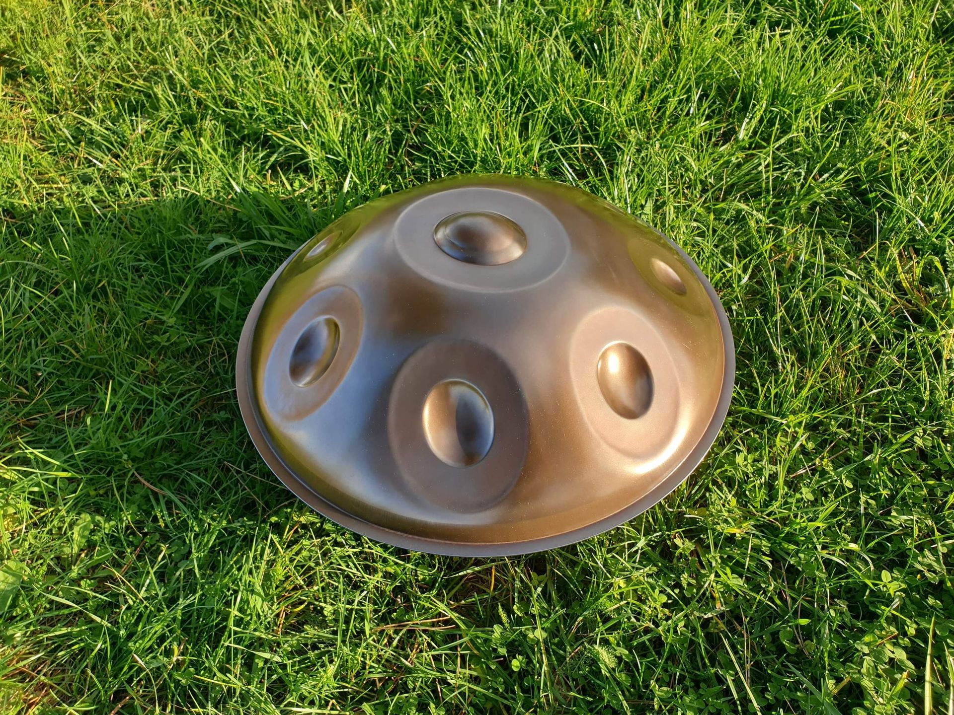 Auf einem üppigen grünen Feld liegt eine Handtrommel.