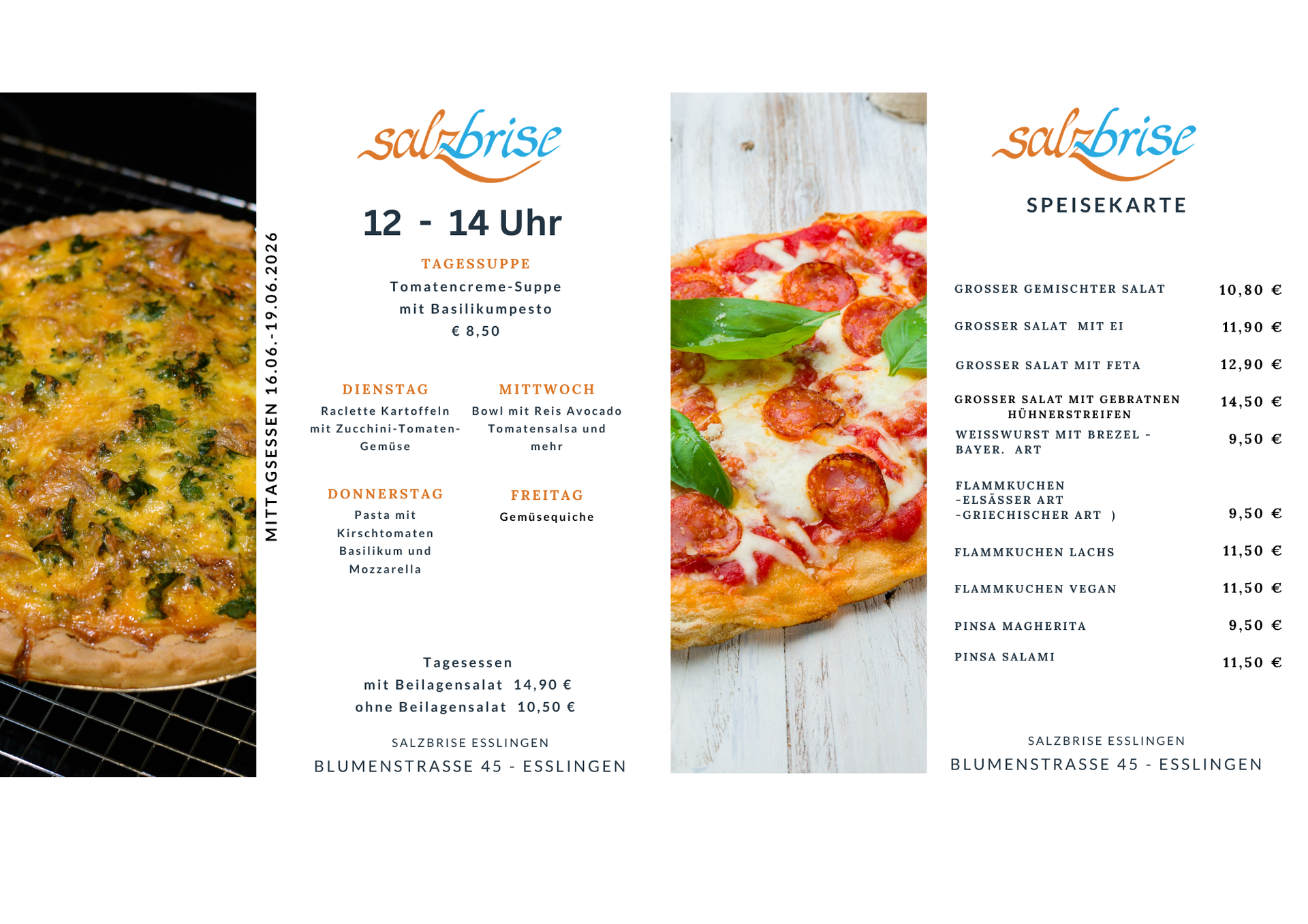 Eine Speisekarte mit einem Bild von einer Pizza und einer Gemüsesuppe