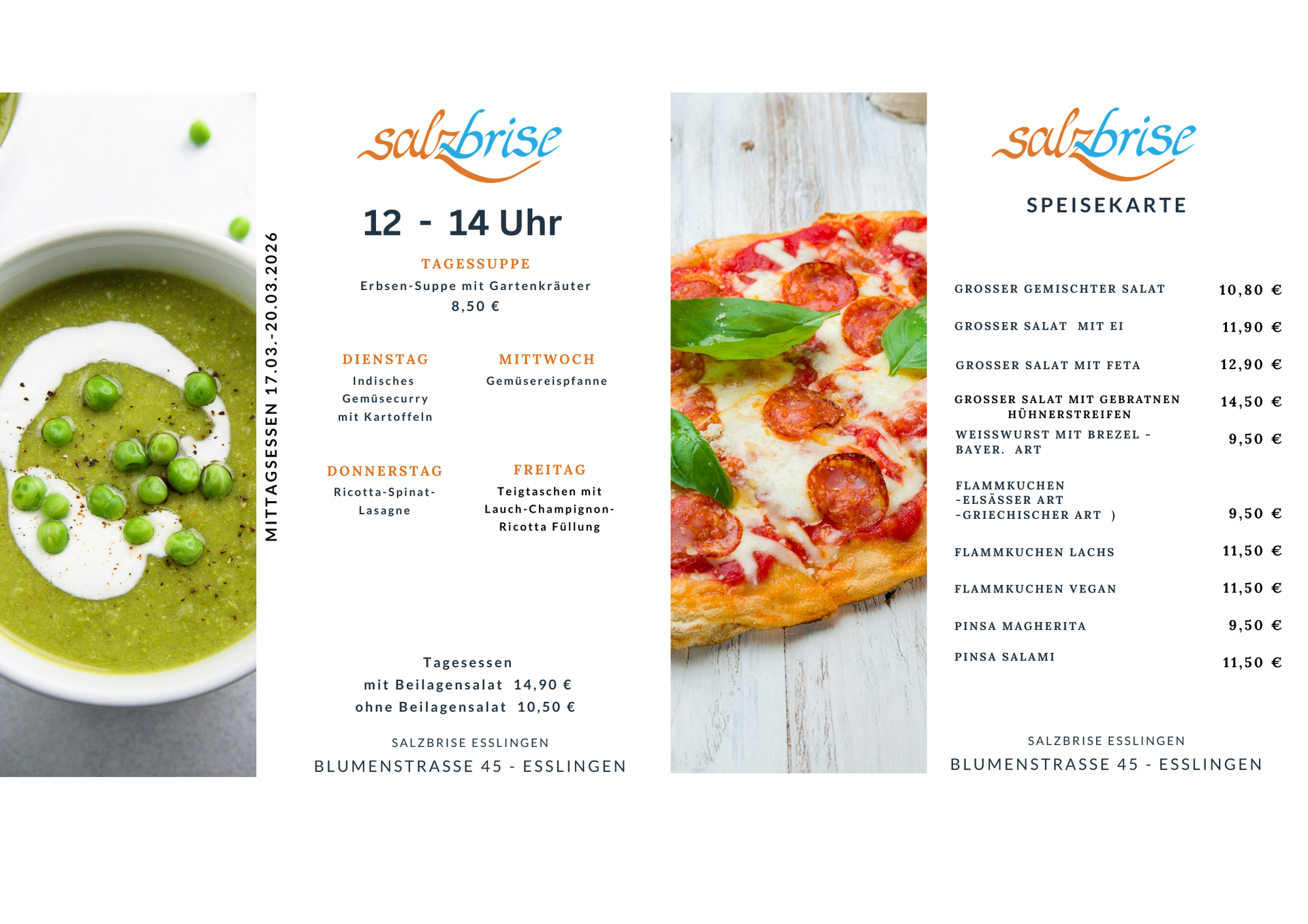 Eine Speisekarte mit einem Bild von einer Pizza und einer Gemüsesuppe