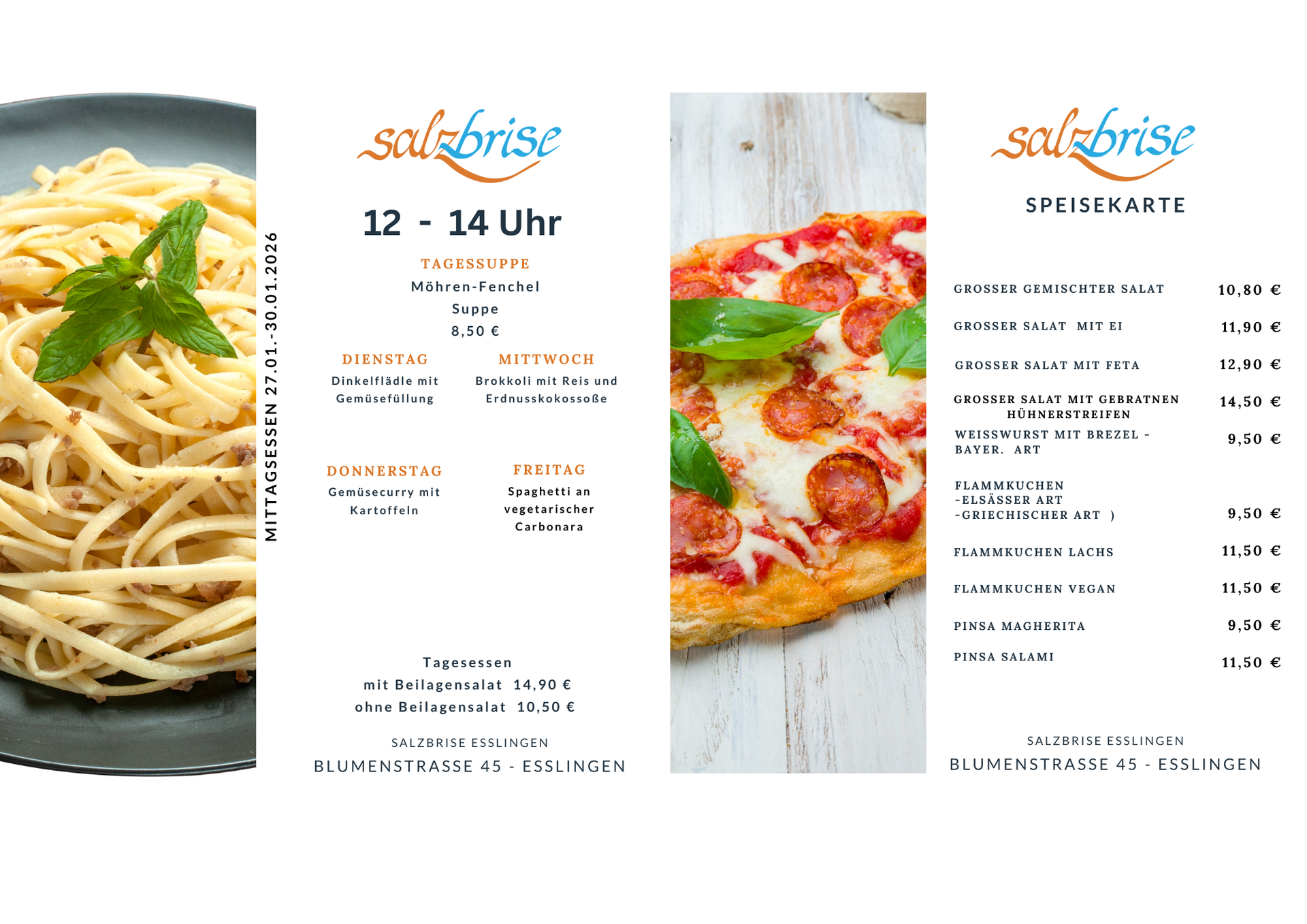 Eine Speisekarte mit einem Bild von einer Pizza und einer Gemüsesuppe