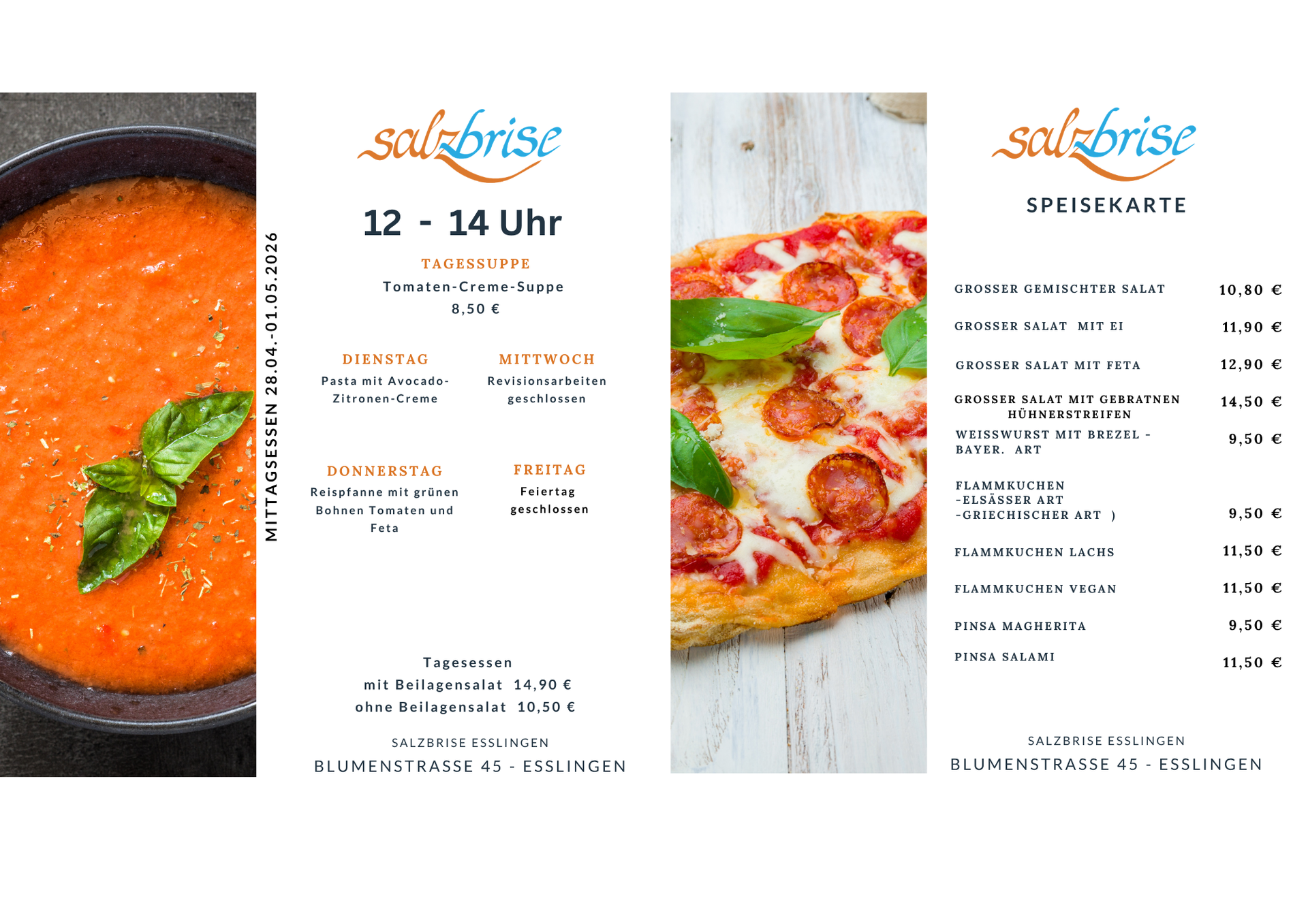 Eine Speisekarte mit einem Bild von einer Pizza und einer Gemüsesuppe