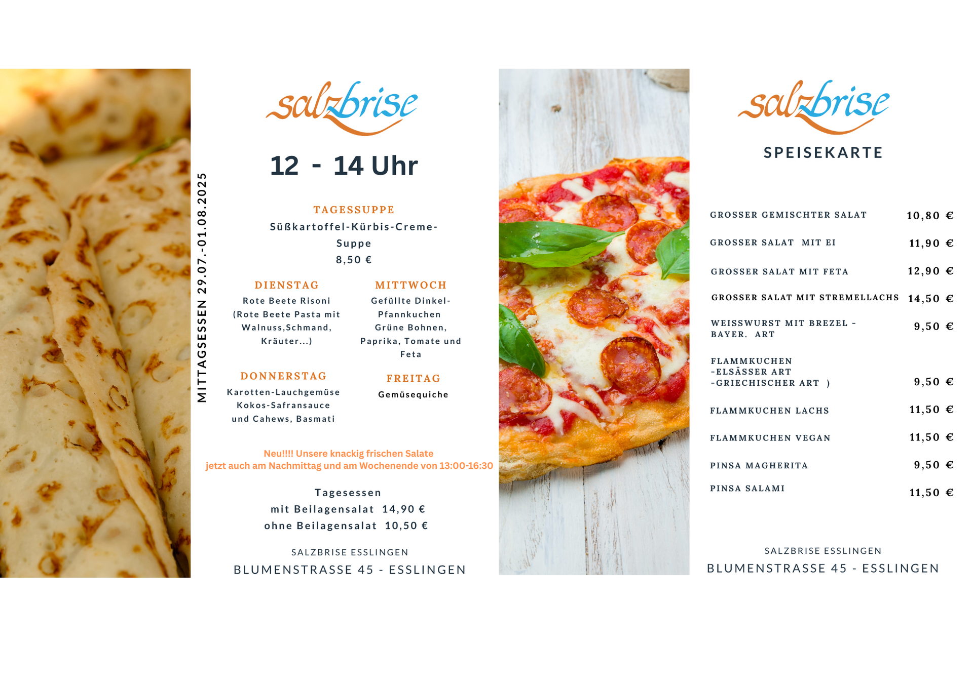 Eine Speisekarte mit einem Bild von Makkaroni und Käse und einem Bild einer Pizza.