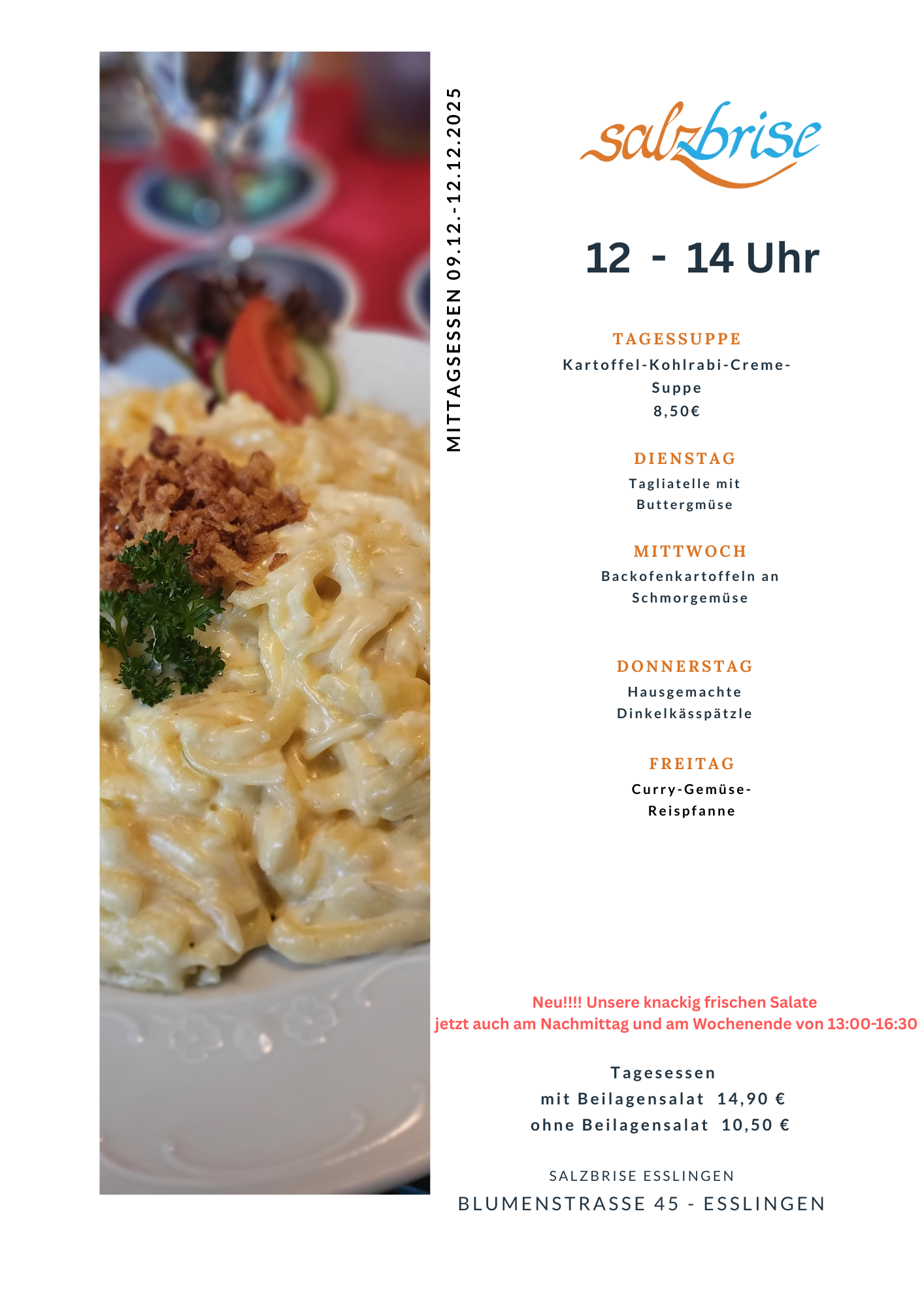 Eine Speisekarte mit einem Bild von Makkaroni und Käse und einem Bild einer Pizza.