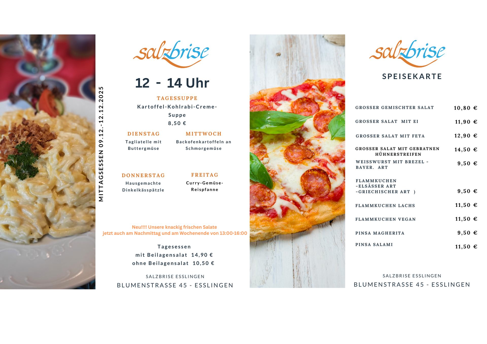 Eine Speisekarte mit einem Bild von einer Pizza und einer Gemüsesuppe