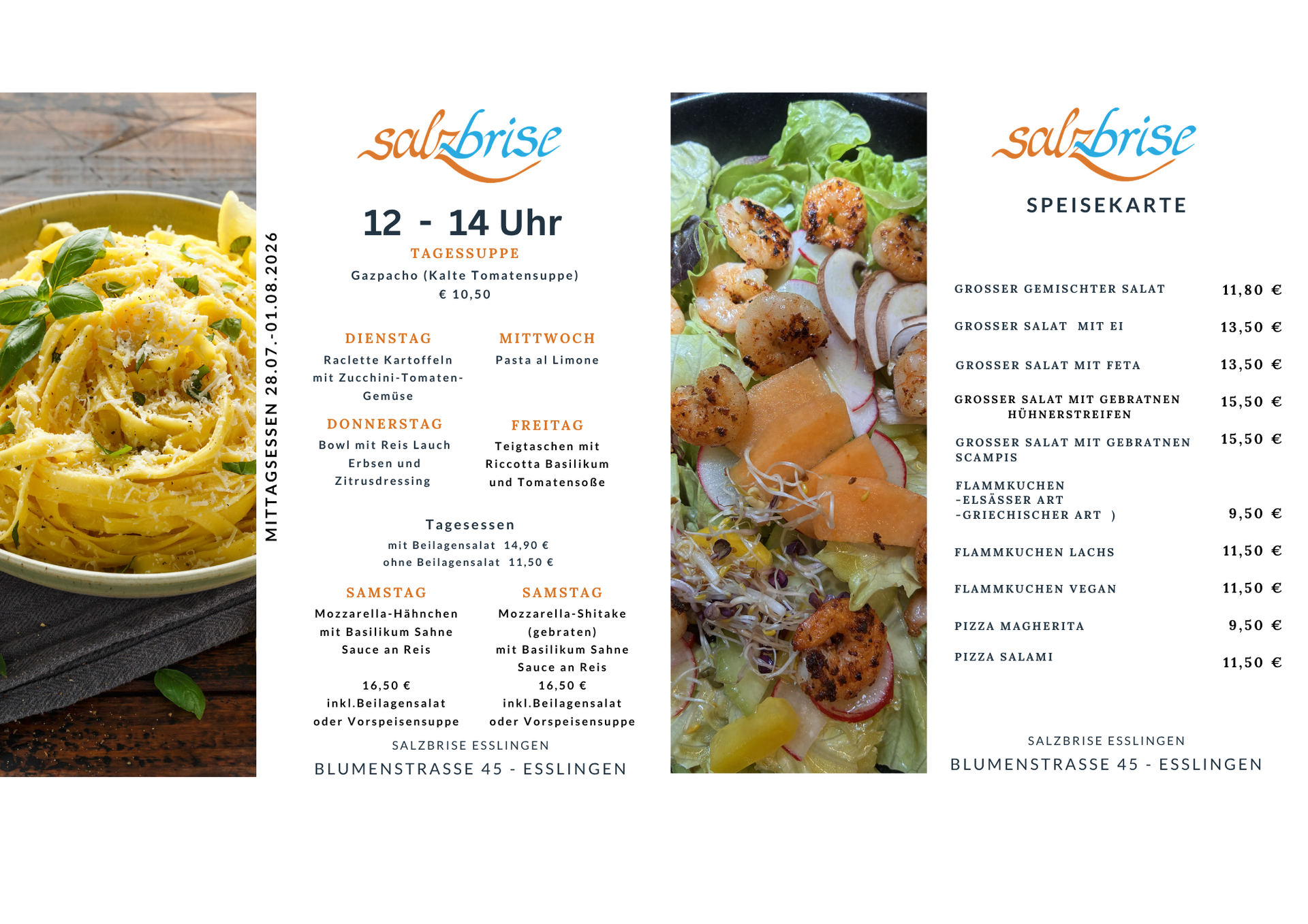Eine Speisekarte mit einem Bild von einer Pizza und einer Gemüsesuppe