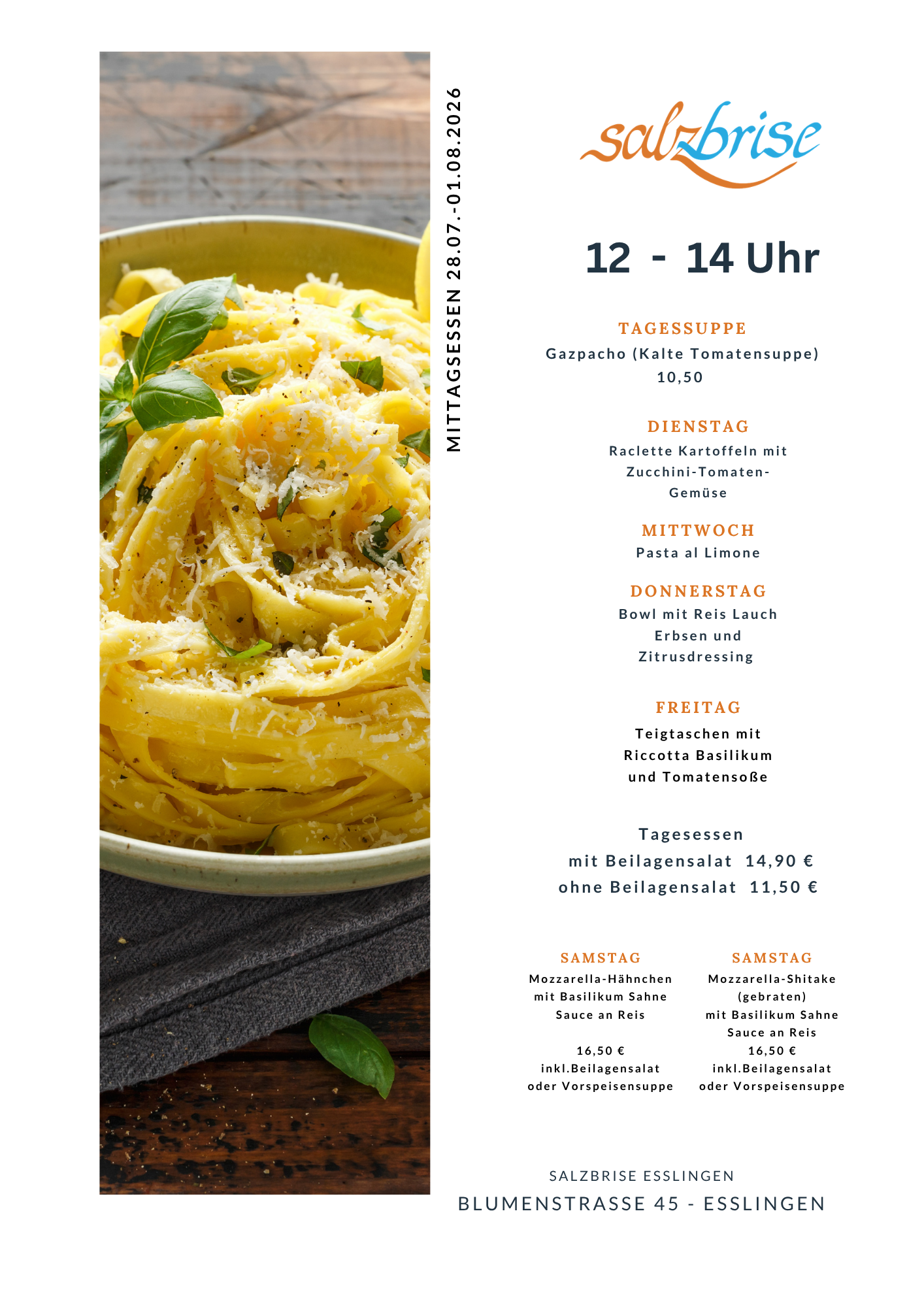 Eine Speisekarte mit einem Bild von Makkaroni und Käse und einem Bild einer Pizza.