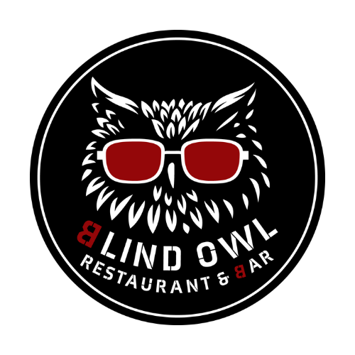A blind owl restaurant and bar logo with an owl wearing sunglasses.