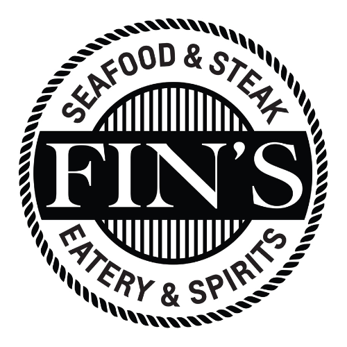 A black and white logo for fin's seafood and steak eatery and spirits.