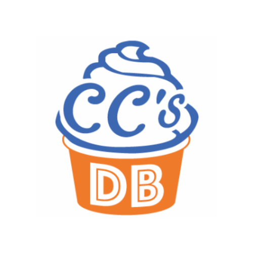 A logo for cc's dairy bar shows a cup of ice cream.