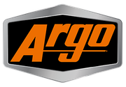 The orange Argo logo with a thin line beneath the text, centered on a black background inside a silver hexagonal frame.