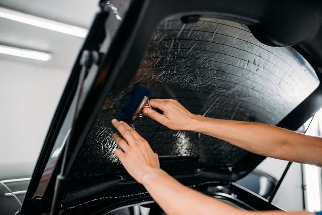 Tinted dark glass foil removal from car window. Stock Photo by