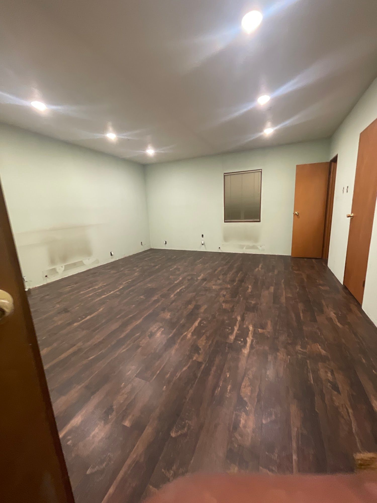 Empty room with dark wood flooring, pale green walls, and several ceiling lights.