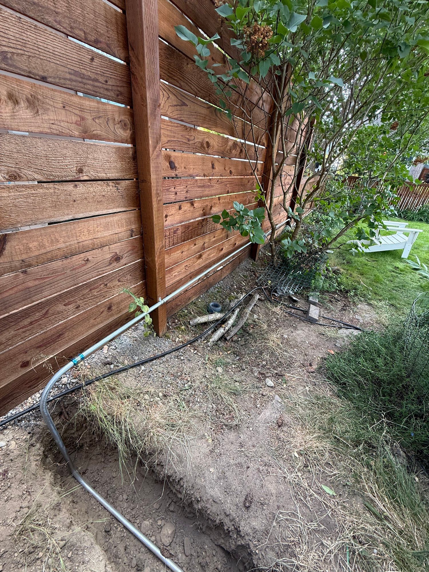 A wooden fence borders a gravel patch with a small tree; irrigation pipe runs along the ground.