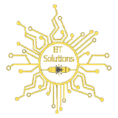 Gold circuit board design with "BT Solutions" in a central circle and a resistor icon.