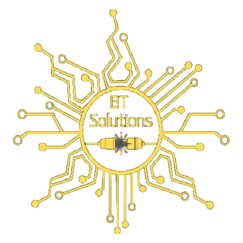 Gold circuit board design with "BT Solutions" in a central circle and a resistor icon.