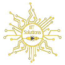 Gold circuit board design with "BT Solutions" in a central circle and a resistor icon.