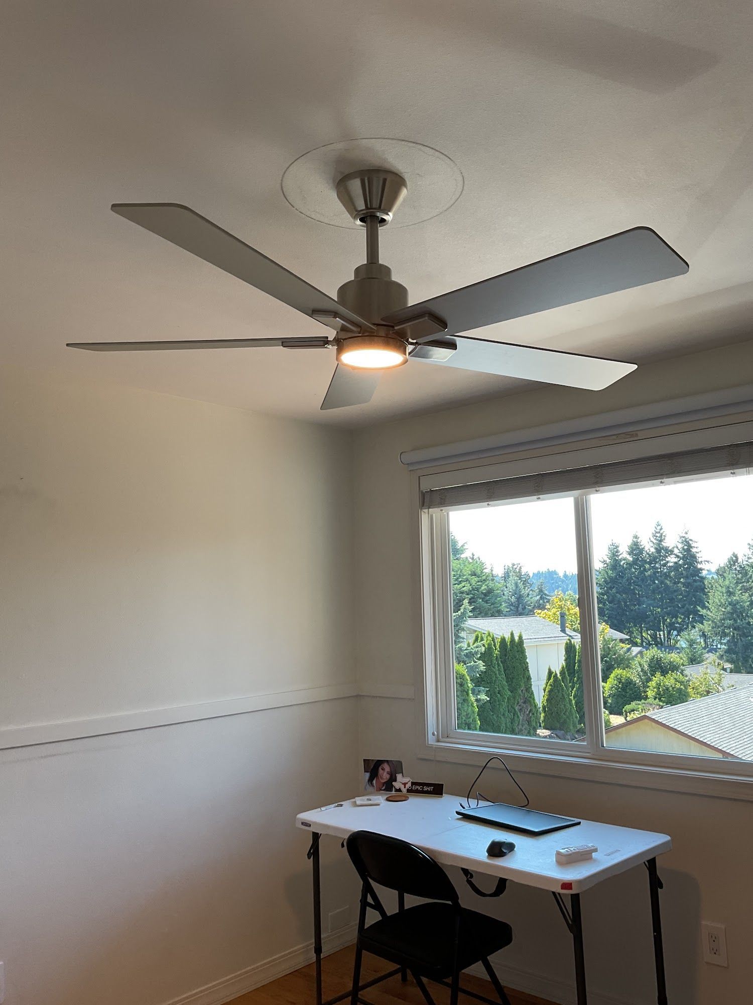 Ceiling fan with light fixture in a room above a desk near a window with an outdoor view.