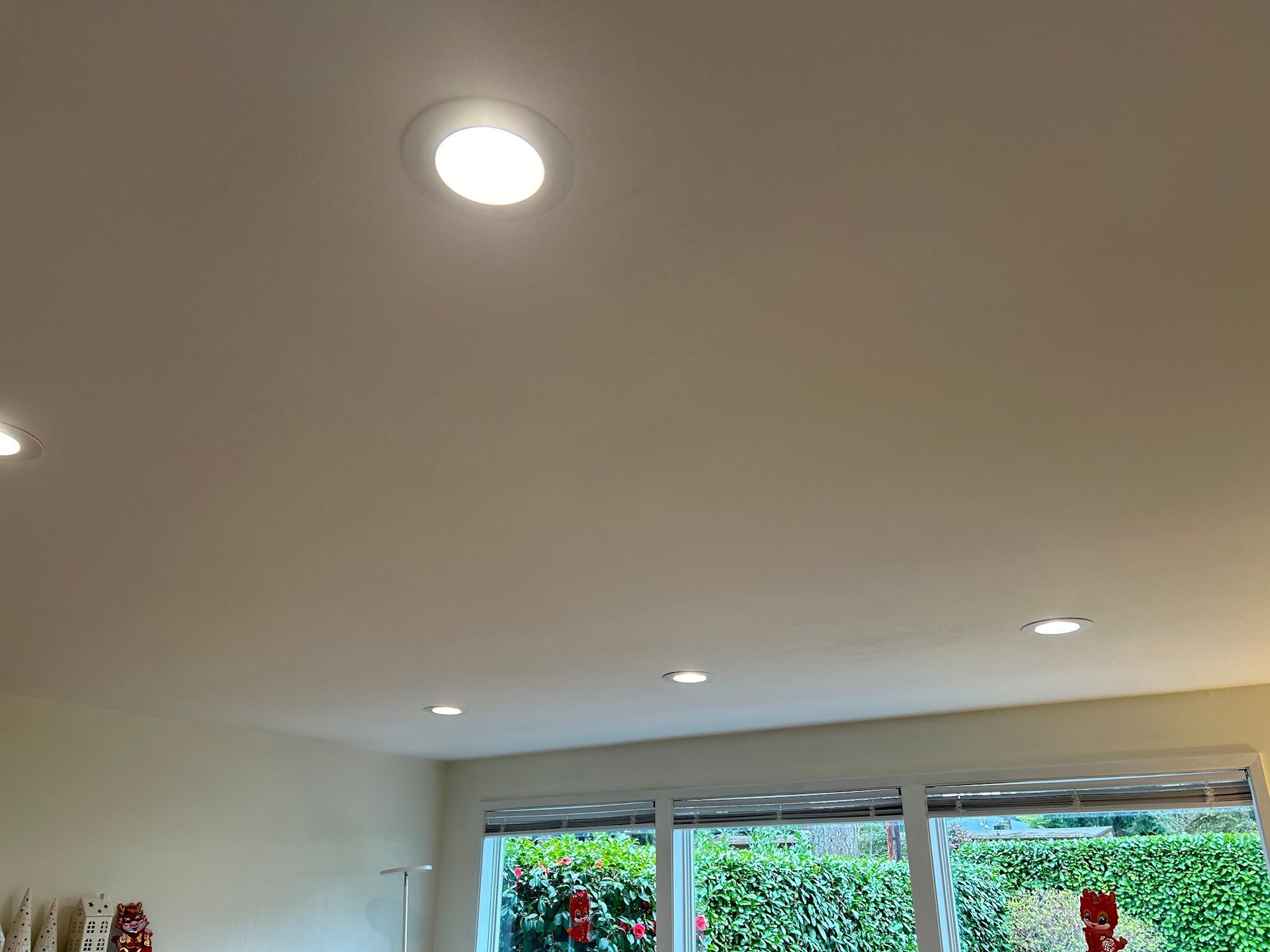 Recessed ceiling lights in a room with windows overlooking green foliage.