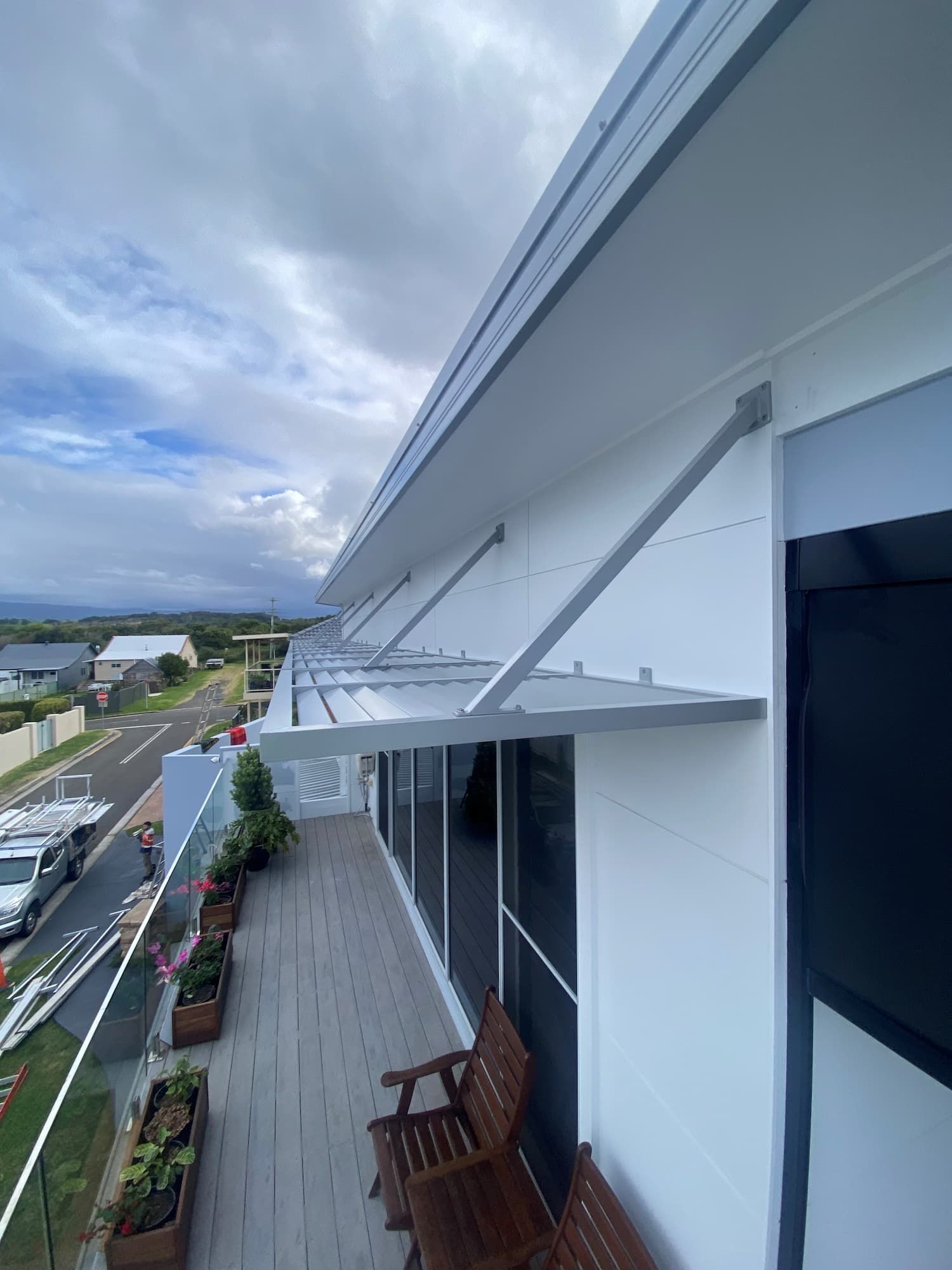 An Aerial View of A Balcony with A Canopy Over It — Lifestyle Aluminium Fabrication In Shellharbour, NSW