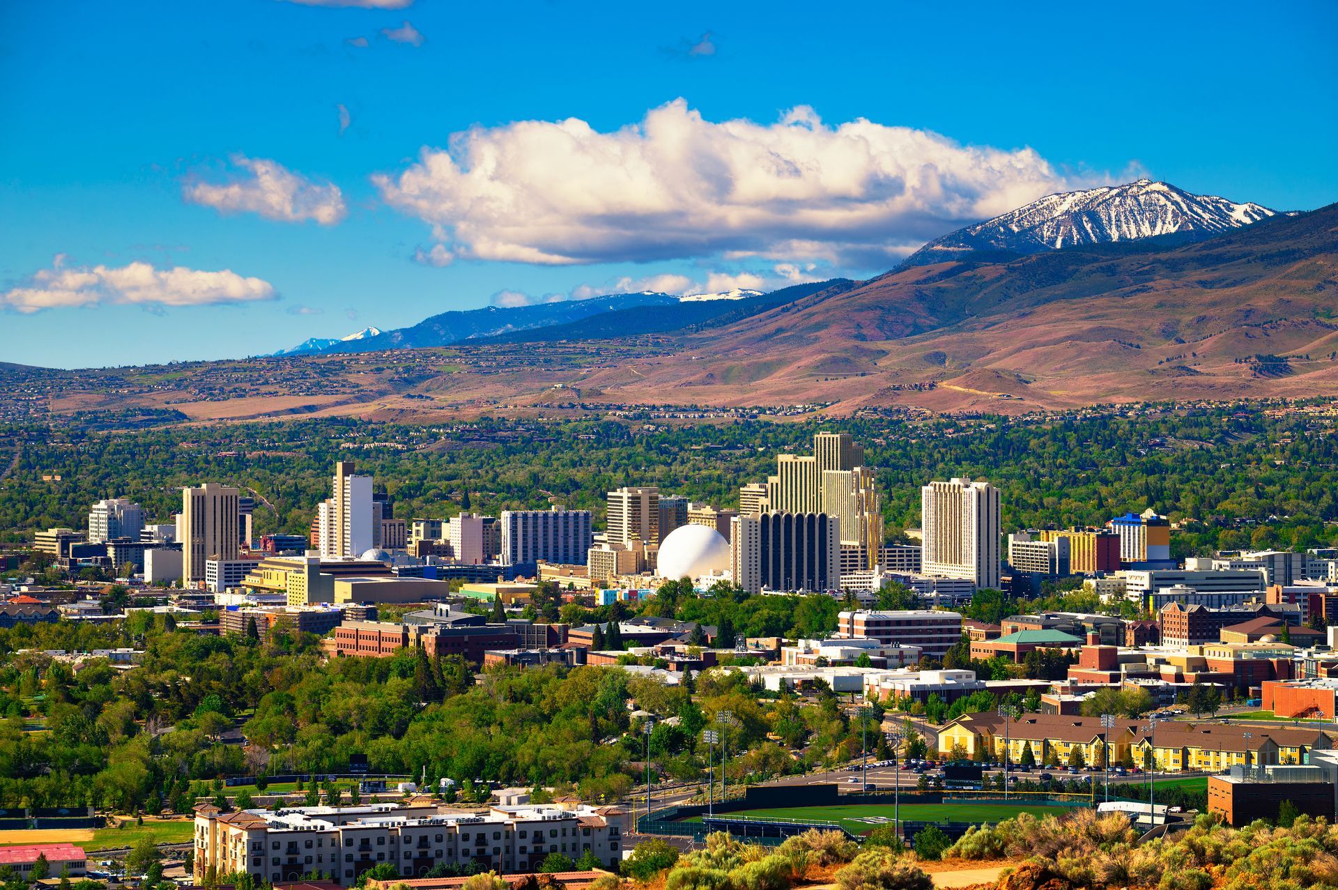 Downtown Reno, Nevada, with city buildings Downtown Reno, Nevada, with city buildings