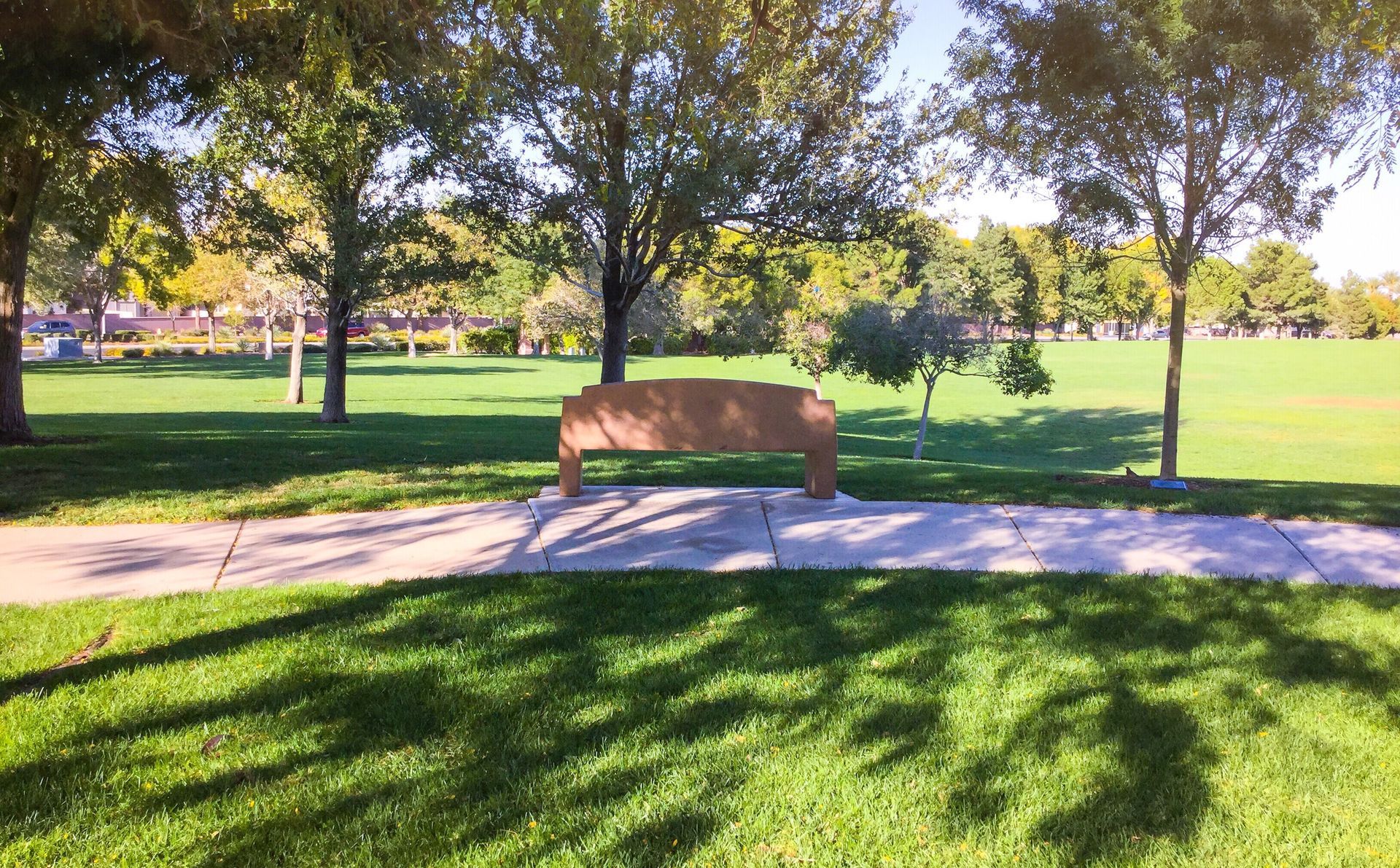 Bench on a paved path, surrounded by grass and trees under a sunny sky Bench on a paved path, surrounded by grass and trees under a sunny sky