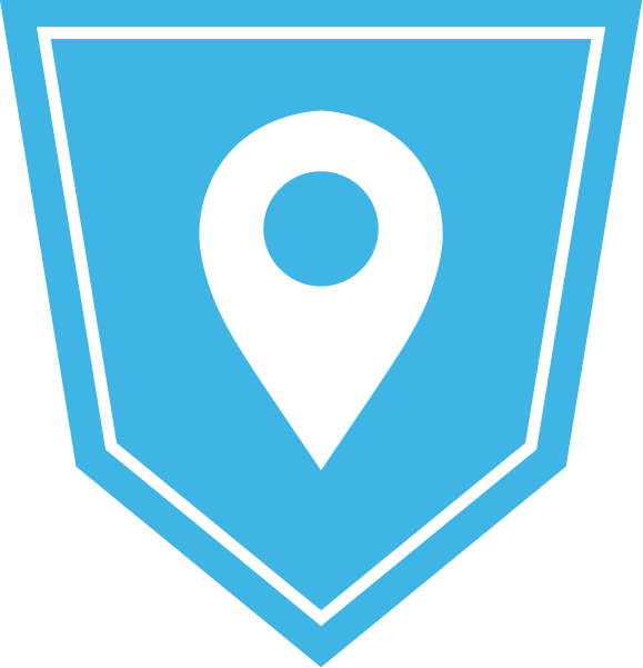 A blue shield with a white lightning bolt on it.