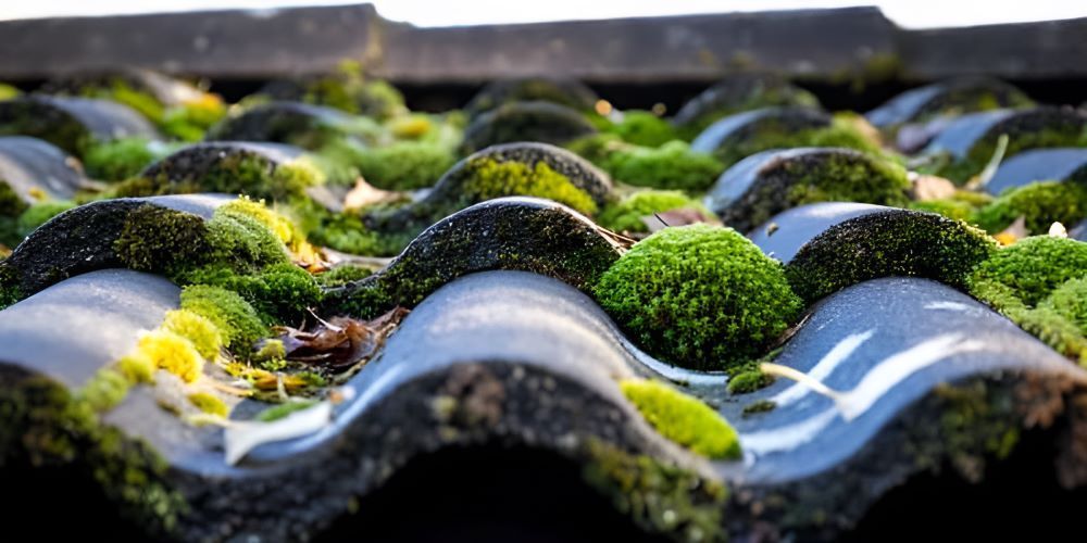 A Close Up Of A Roof With Moss Growing On It — In-Time Roofing In Newcastle, NSW