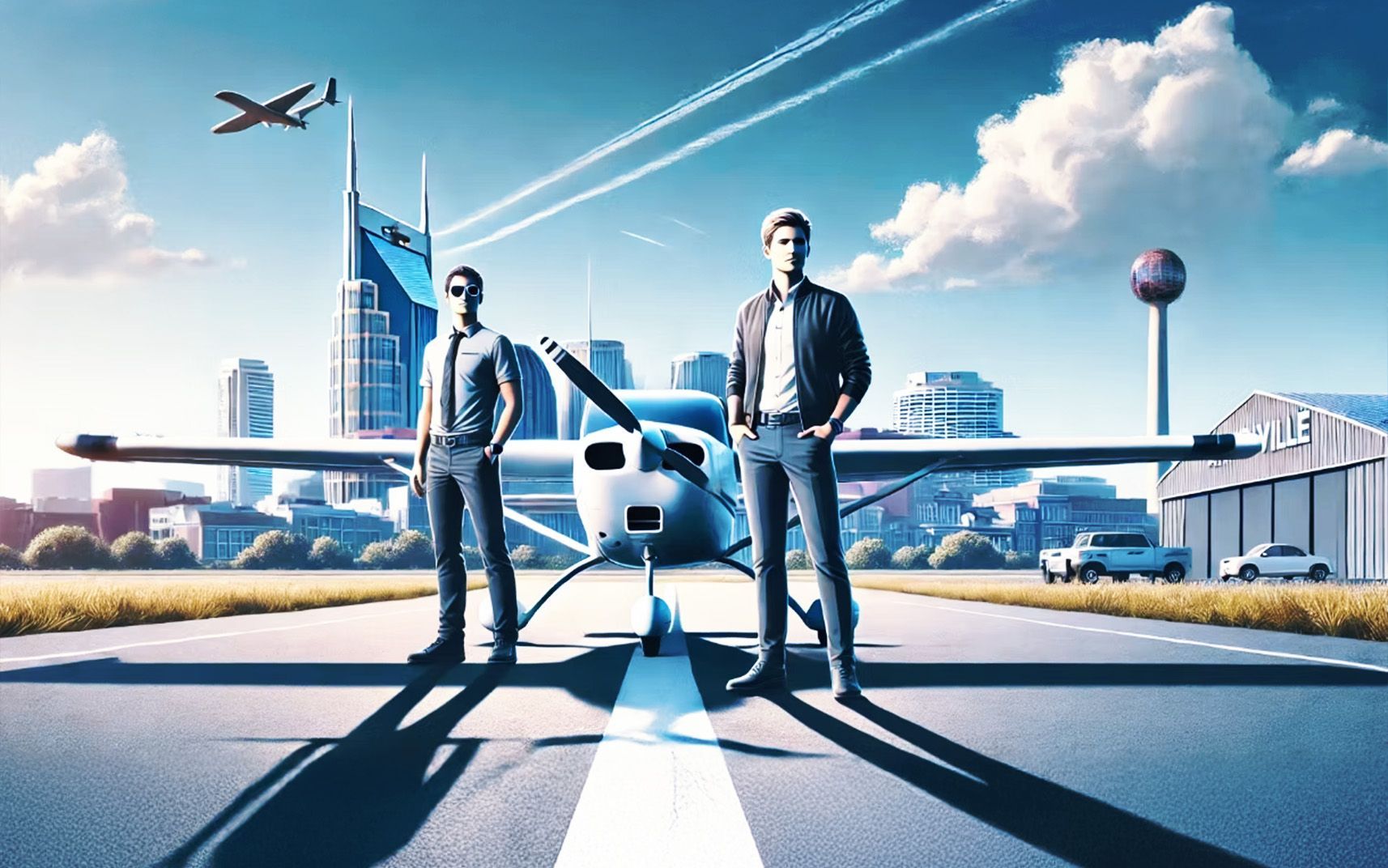 Two students standing near an aircraft with city skyline behind them.