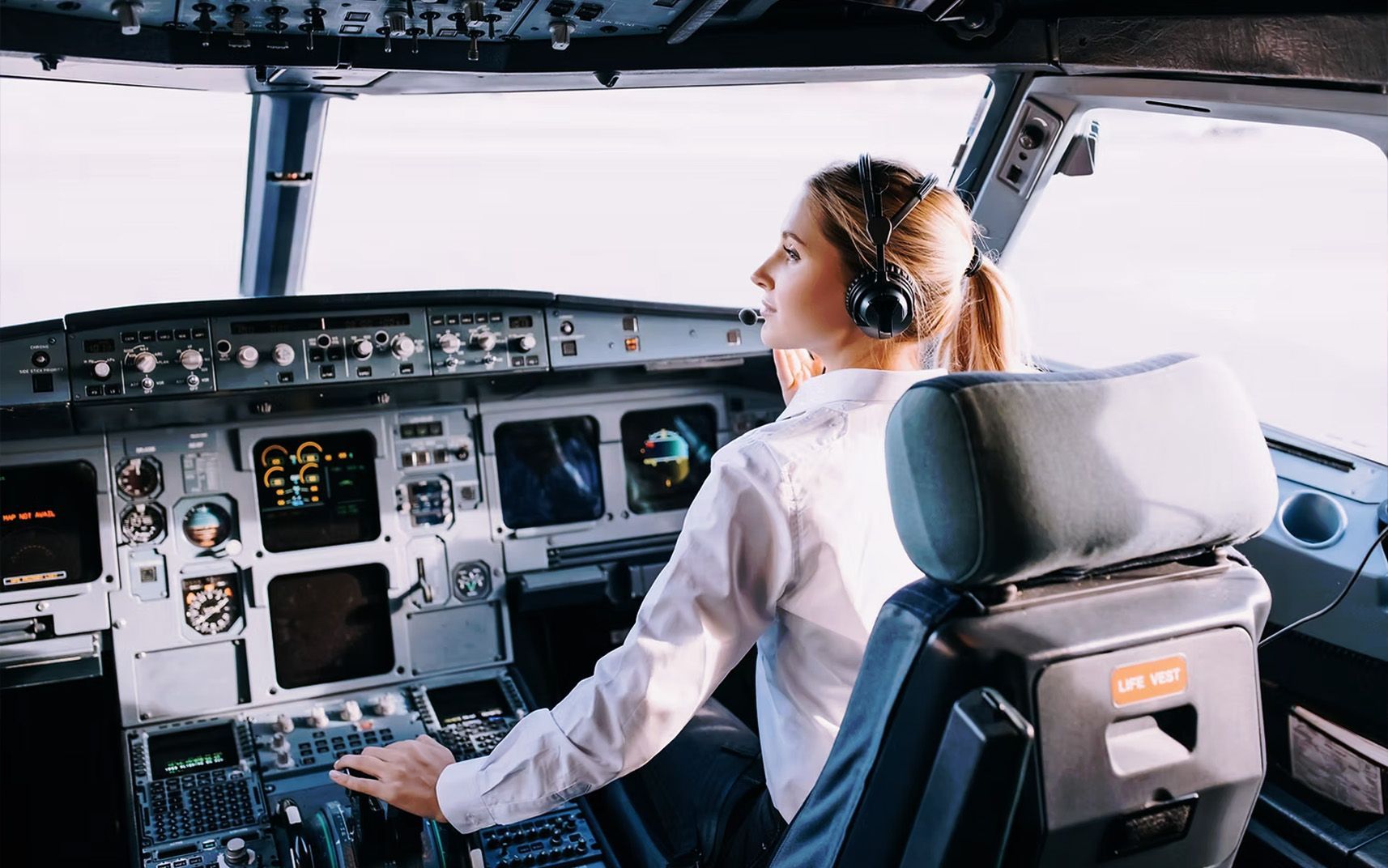 Pilot seated in cockpit preparing for flight training session.