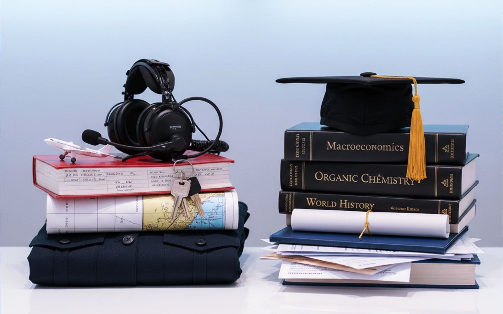 Camera and aviation books stacked on desk for pilot training article.”