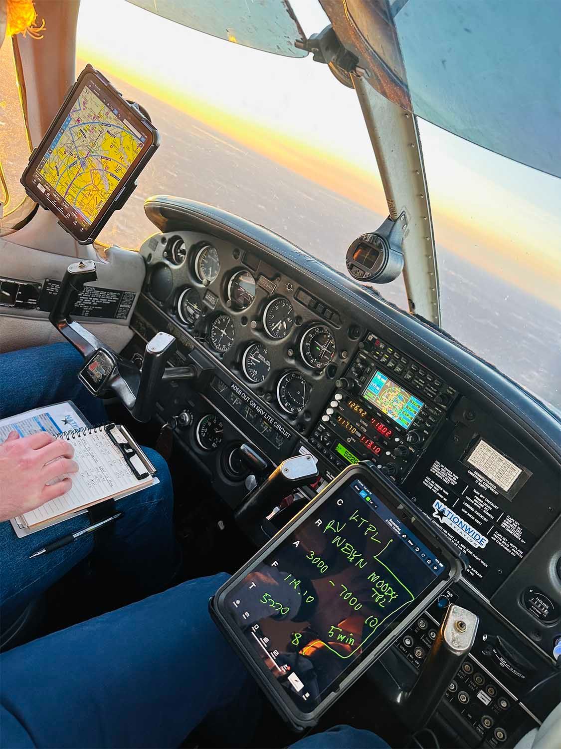 Cockpit view showing flight instruments during an in-flight training session.