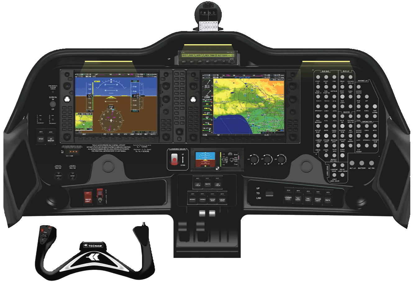 Tecnam aircraft glass cockpit display showing flight instruments and avionics.