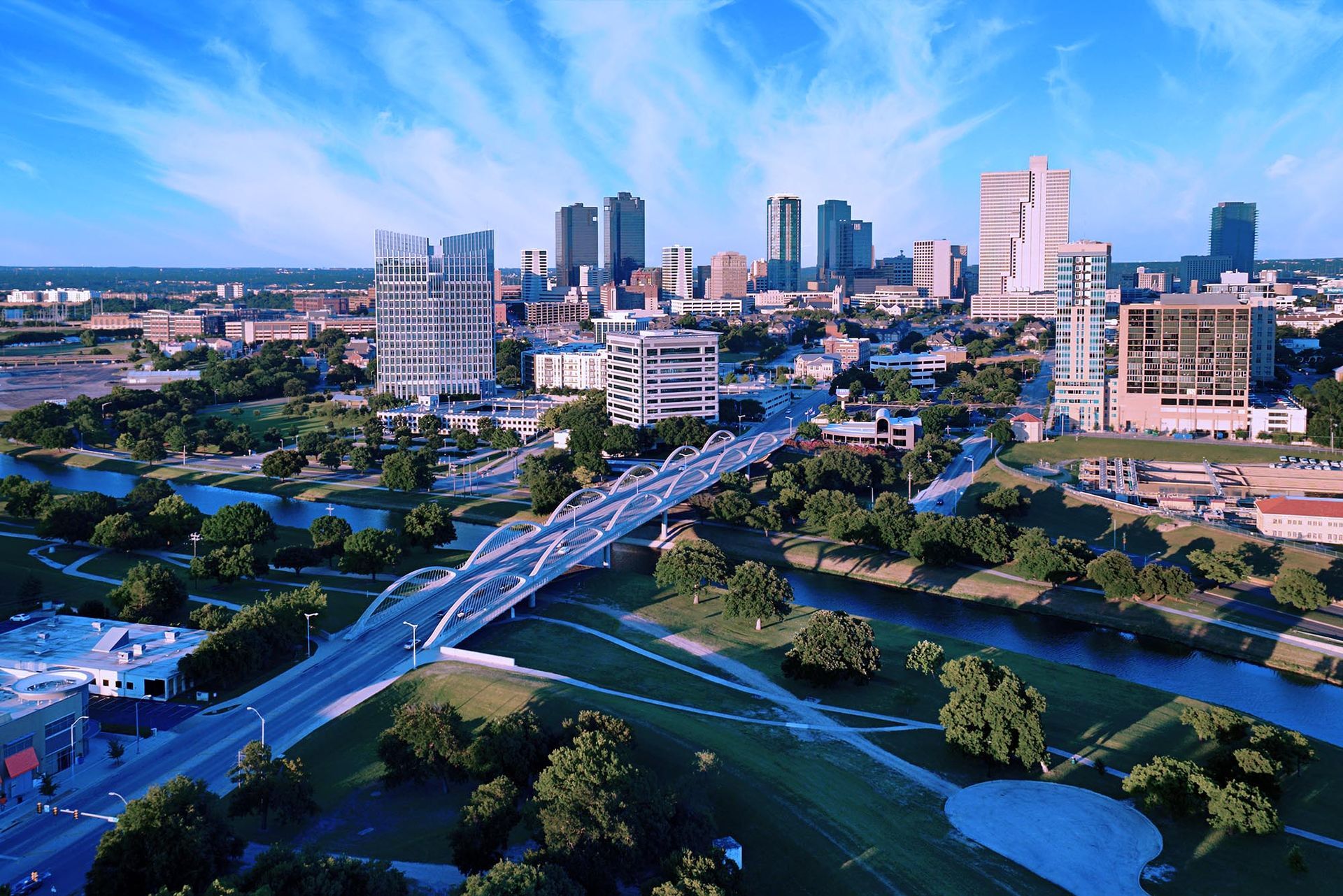 Aerial view of Fort Worth skyline and surrounding neighborhoods.