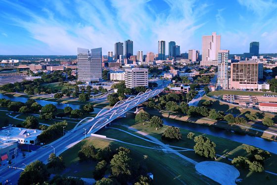 Aerial view of Fort Worth skyline and surrounding neighborhoods.