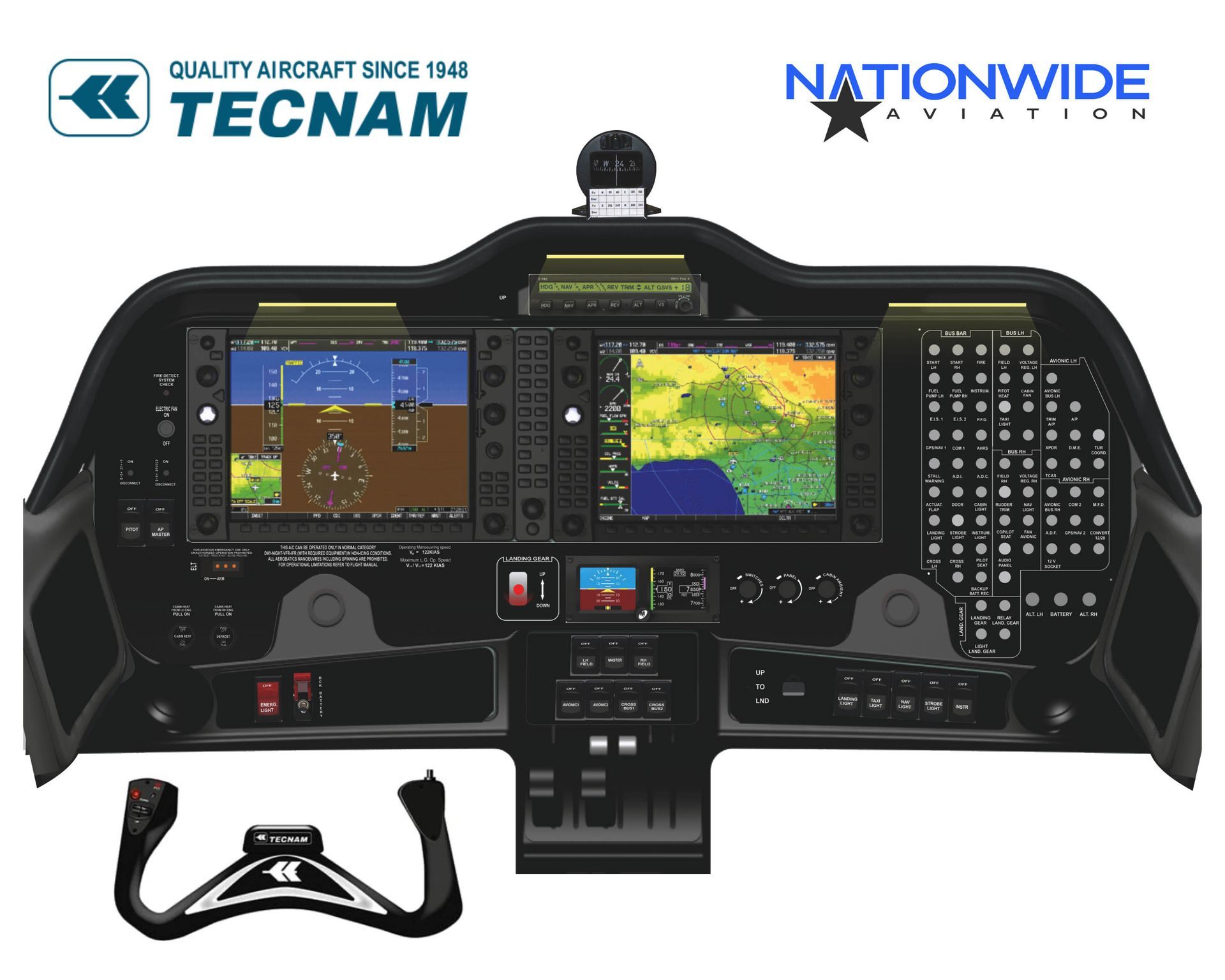 Tecnam aircraft cockpit display highlighting avionics used in commercial pilot training.