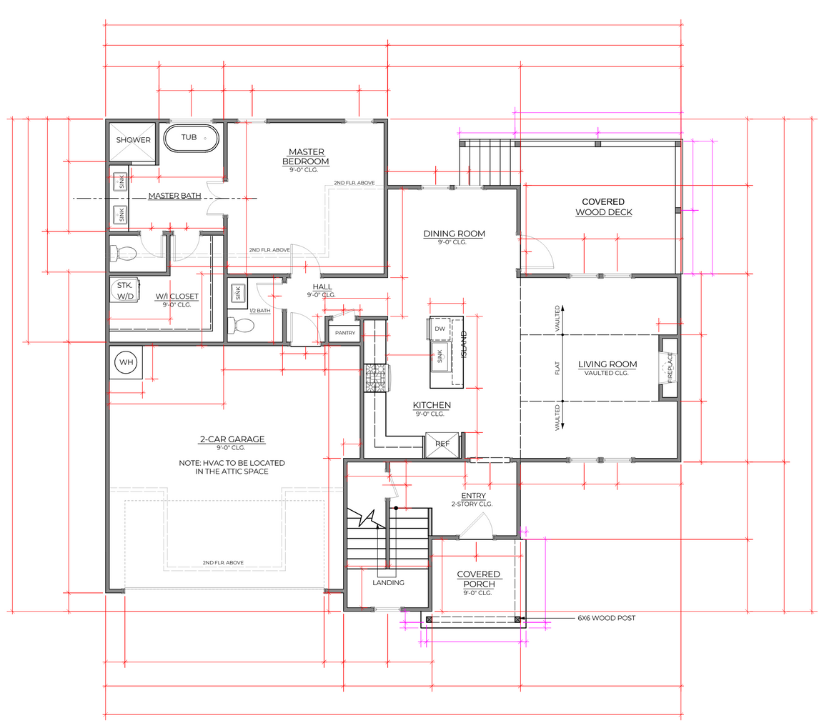 Architectural floor plan with rooms, doors, and dimensions in black lines on a white background, overlaid with red and pink grid lines.