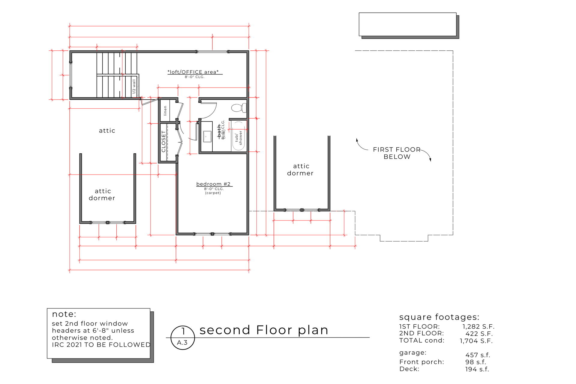 Architectural blueprint: Second-floor plan with rooms and dimensions. Includes stairs, bedrooms, and a bathroom.