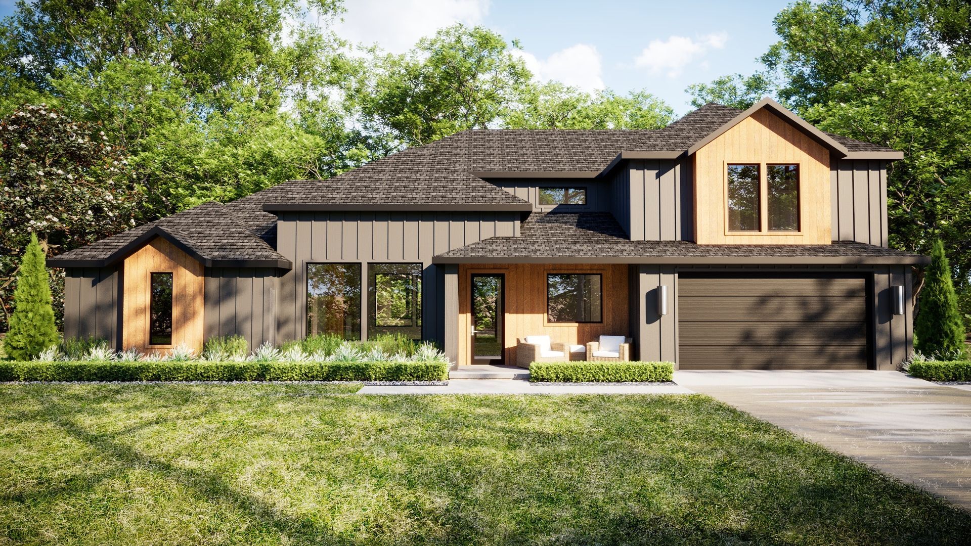Modern two-story house with beige siding, dark roof, front porch, and a three-car garage surrounded by greenery