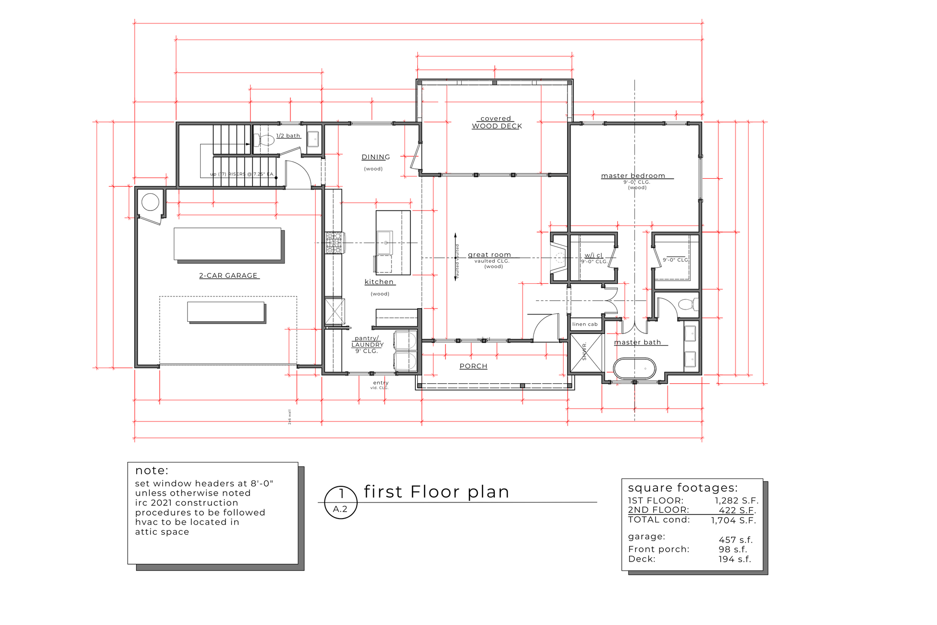 Floor plan of a house with rooms labeled, showing the first floor layout, with red grid lines.
