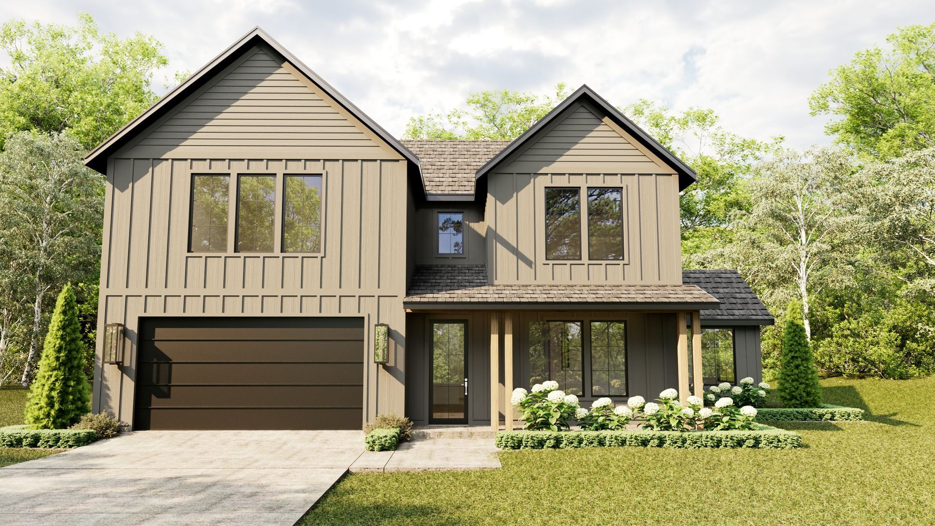 A two-story house with light green siding, white trim, and a two-car garage sits on a well-manicured lawn.