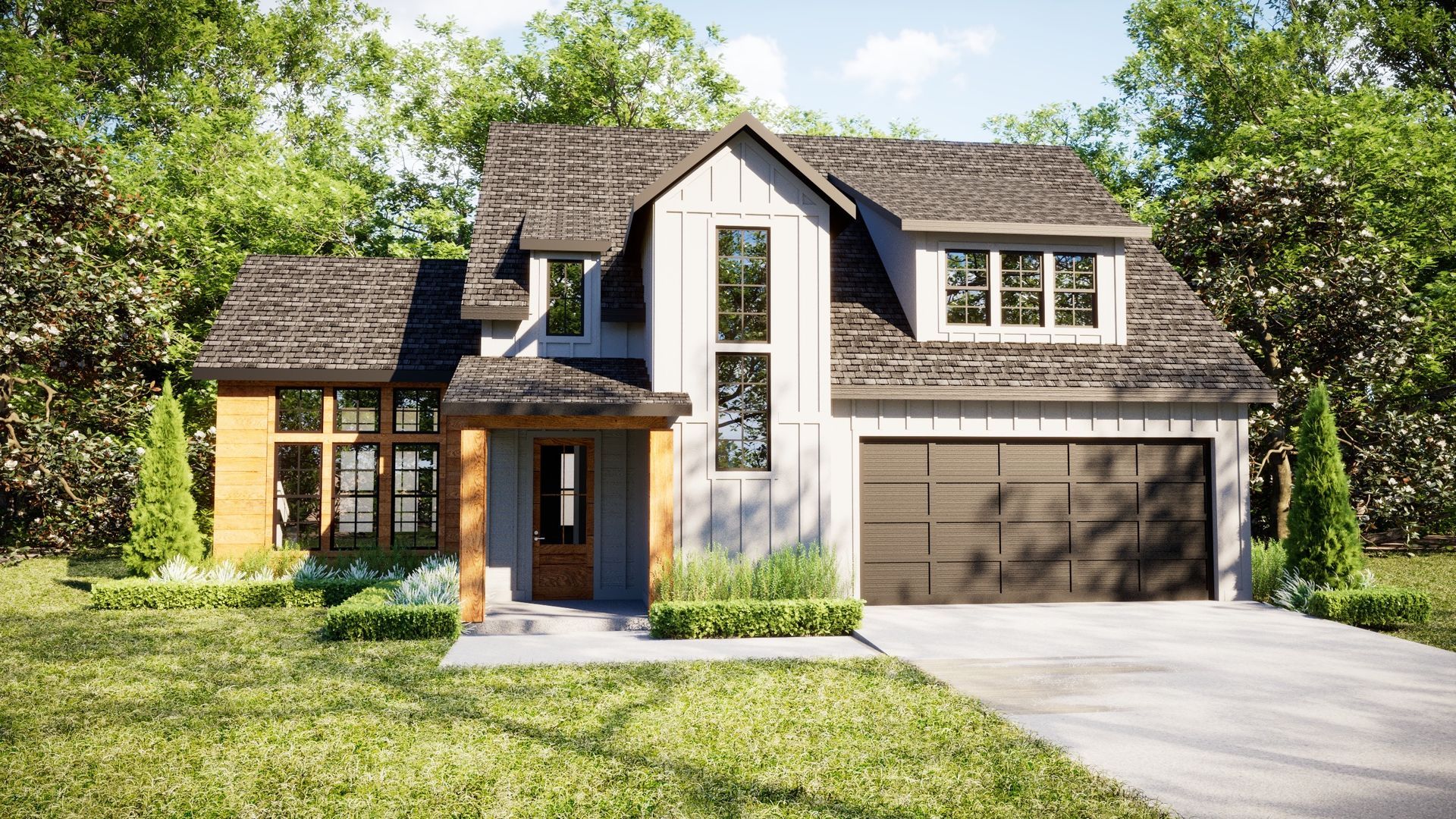 Modern two-story house with light gray siding, dark garage door, and wooden accents, set against a green lawn and trees.