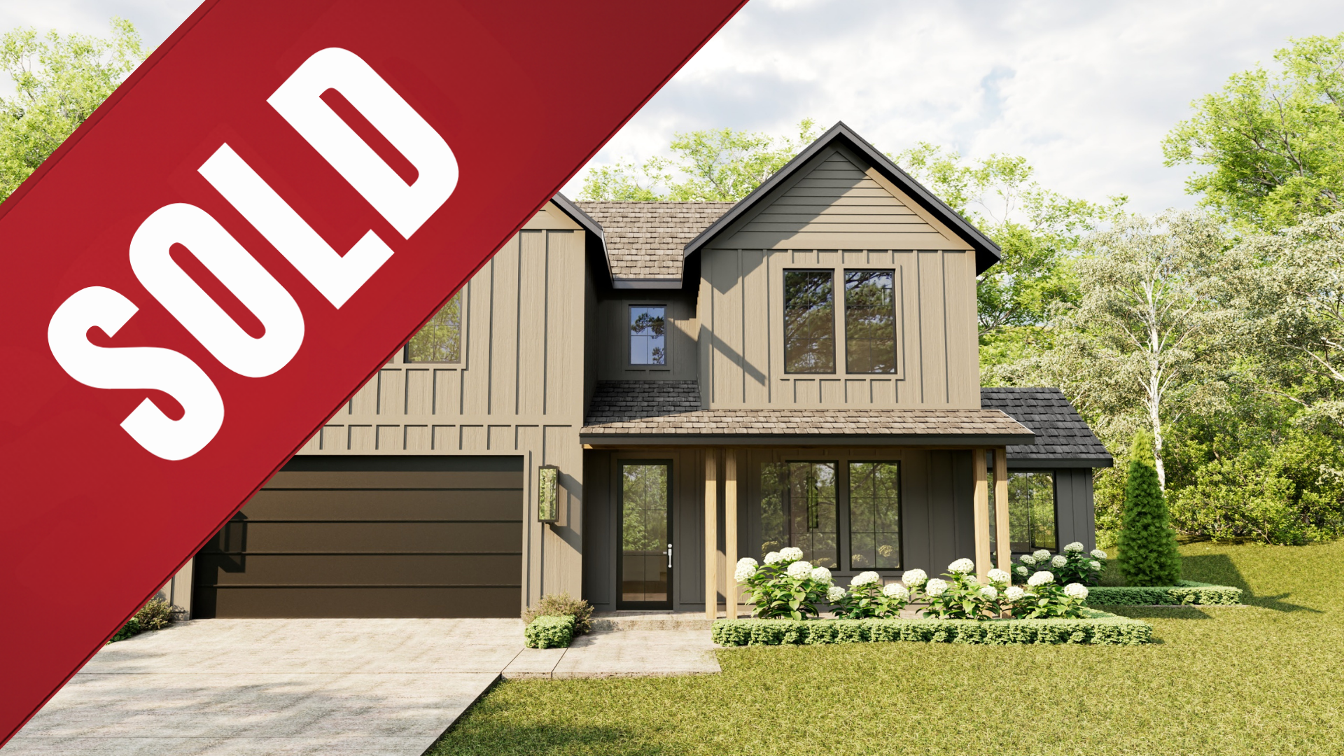 A two-story taupe house with a garage and covered porch, featuring a large, red diagonal banner labeled 