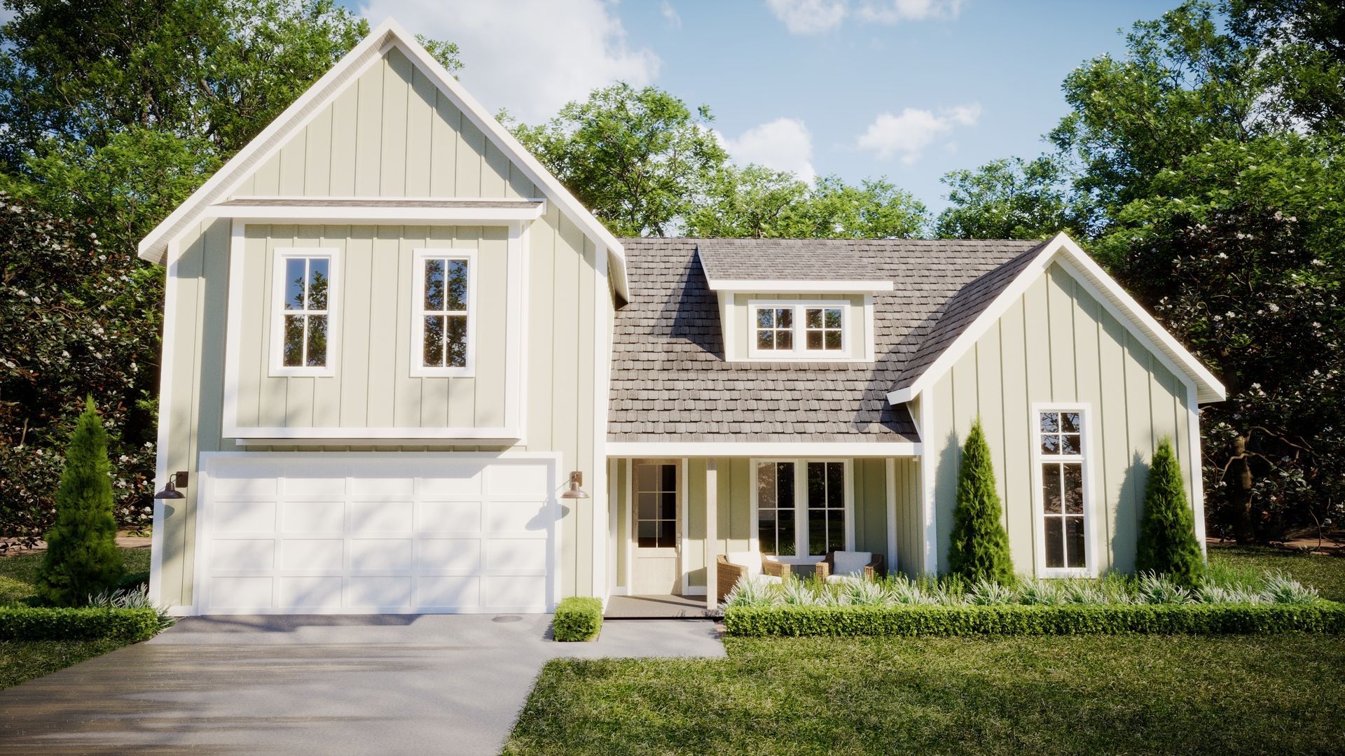 Two-story farmhouse with light green siding, white trim, and a gray shingled roof.