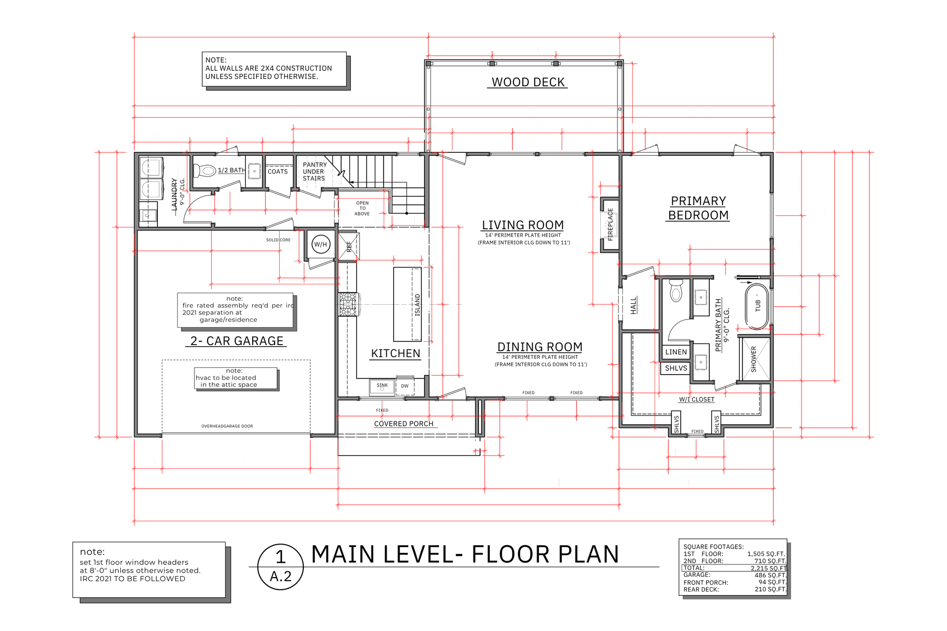 Main level floor plan blueprint of a house with rooms labeled, including garage, living room, and kitchen.